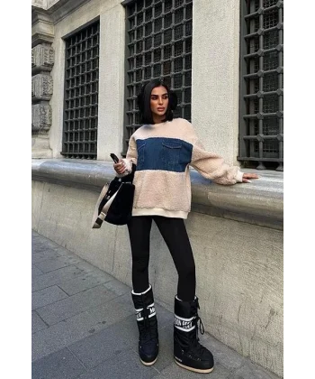 Göğsü Denim Garnili Sweatshirt 3402