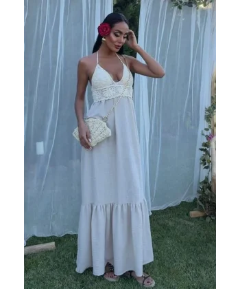 Göğsü Trikolu Keten Uzun Elbise 2904-08