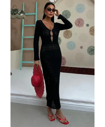 Göğüs Aksesuar Ve Pencereli Triko Elbise 2852