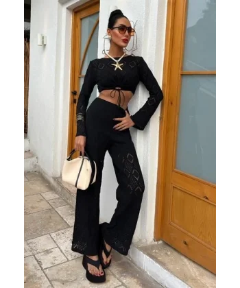 Göğüs Bağcık Detaylı Ajurlu Bluz Pantolon Takım 10098