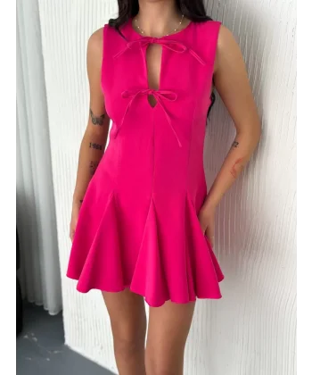 Göğüs Bağlamalı Kolsuz Mini Boy Elbise - Pembe