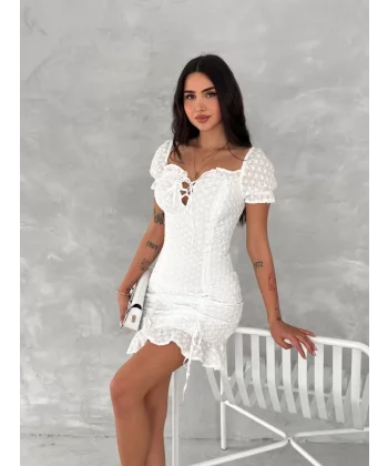 Göğüs Bağlamalı Mini Elbise - Beyaz