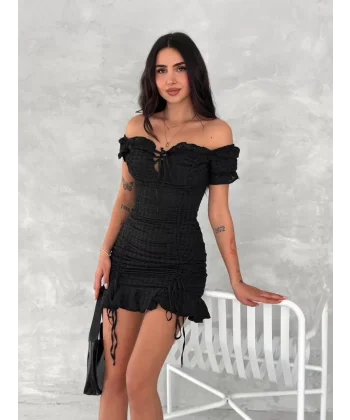 Göğüs Bağlamalı Mini Elbise - Siyah