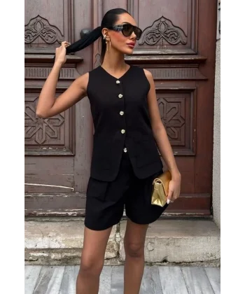 Gold Düğme Detaylı Yelek Şort Cotton Takım 10134-17