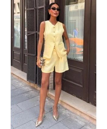 Gold Düğme Detaylı Yelek Şort Cotton Takım 10208