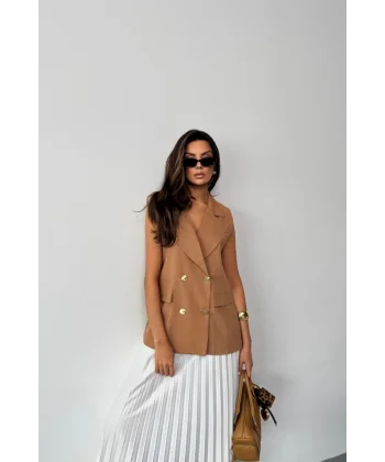 GOLD DÜĞMELİ KETEN YELEK - Kahverengi