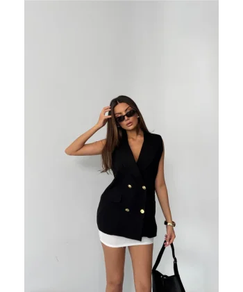 GOLD DÜĞMELİ KETEN YELEK - Siyah