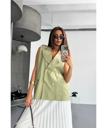 GOLD DÜĞMELİ KETEN YELEK - Yeşil