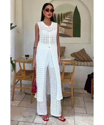 Gold Düğmeli Uzun Yelekli Ajurlu Triko Takım 10143