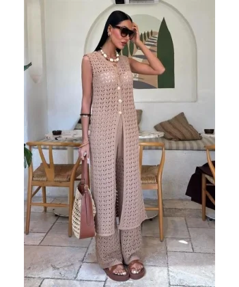 Gold Düğmeli Uzun Yelekli Ajurlu Triko Takım 10143