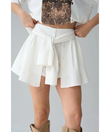 Gömlek Bağlamalı Şort - Krem