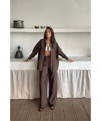 GÖMLEK-PANTOLON TAKIM CUPRA KUMAŞ - Kahverengi