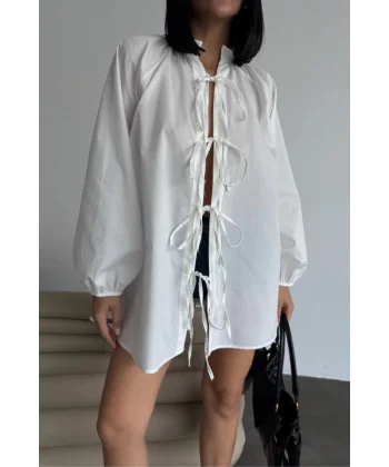 GÖMLEK POPLİN HAKİM YAKA ÖNDEN BAĞLAMA İP DETAYLI - Beyaz