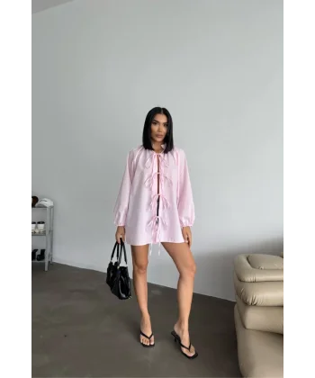 GÖMLEK POPLİN HAKİM YAKA ÖNDEN BAĞLAMA İP DETAYLI - Pembe