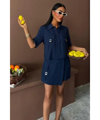 Gömlek Şort Etek Viscon Keten Takım 10162