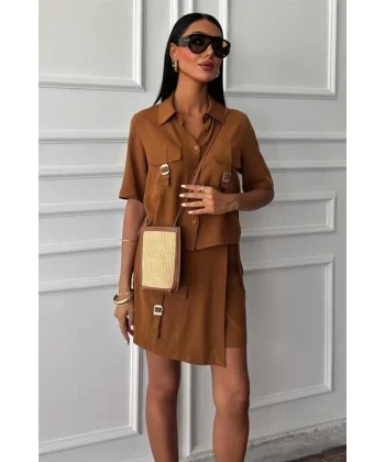 Gömlek Şort Etek Viscon Keten Takım 10162