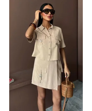 Gömlek Şort Etek Viscon Keten Takım 10162