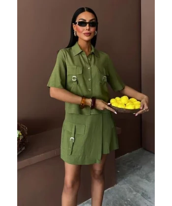 Gömlek Şort Etek Viscon Keten Takım 10162