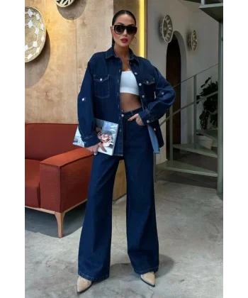 Gömlek Ve Palazzo Pantolon Klasik Denim Takım 10070