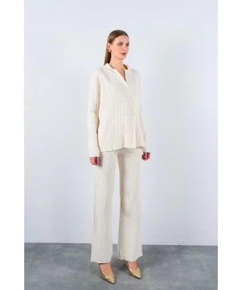 Gömlek Yaka Düğmeli Takım  Krem