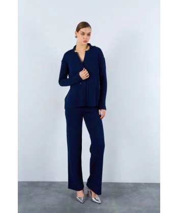 Gömlek Yaka Düğmeli Takım  Lacivert
