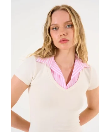 Gömlek Yaka Tshirt  Ekru