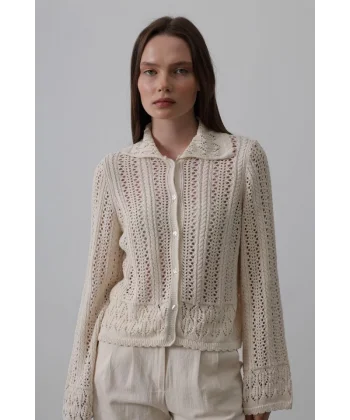 Gömlek Yaka Uzun Kol Triko - Ekru