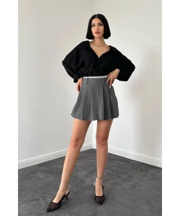 Gri Beli Lastikli Etek Şort