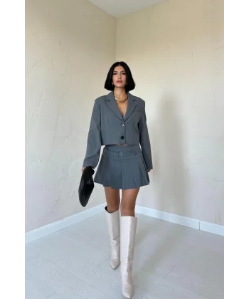 Gri Bomber Ceket Ve Pileli Etek Takım