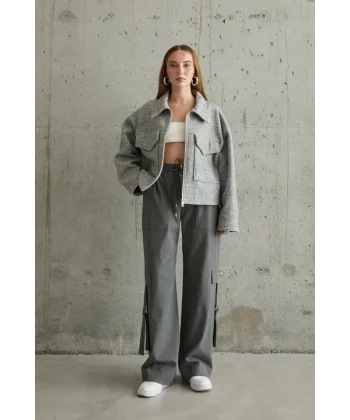 Gri Cebi Kapaklı Kaşe Ceket