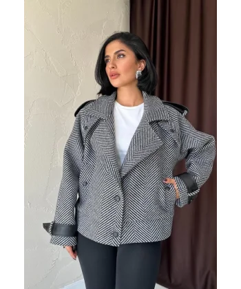 Gri Çizgili Deri Garnili Ceket