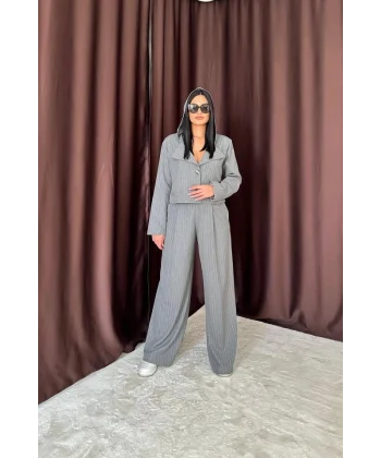 Gri Çizgili Kapüşonlu Ceket