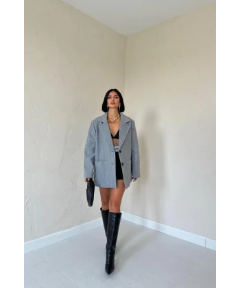 Gri Çizgili Oversize Ceket