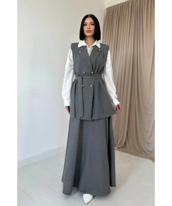 Gri Çizgili Uzun Çizgili Yelek Ve Etek Takım