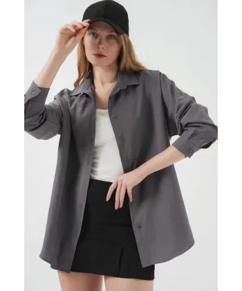 Gri Düz Oversize Uzun Basic Gömlek 3900