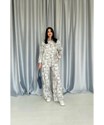 Gri eopar Desenli Ceket Ve Pantolon Keten Takım