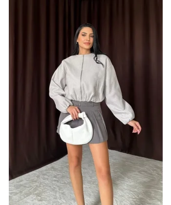 Gri Kısa Önü Fermuarlı Bomber Ceket
