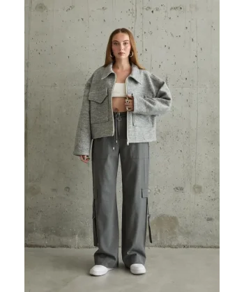 Gri Önden Fermuarlı Pantolon