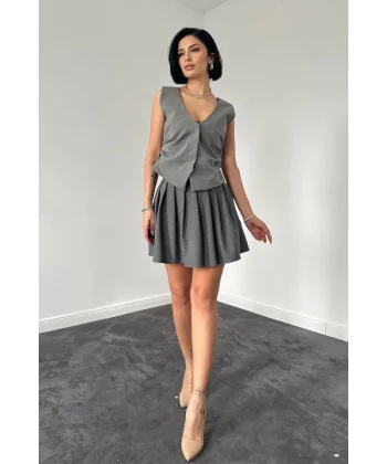 Gri Pilikaşe Mini Etek