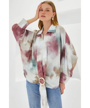 Gül Kurusu Ekru Oversize Dökümlü Saten Gömlek 907