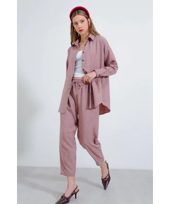 Gül Kurusu Oversize Keten Alt Üst Takım 6622