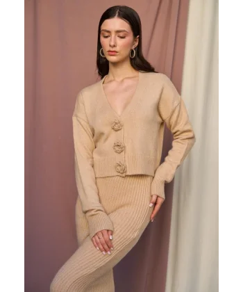 Güllü Elbiseli Hırka Takım  Bej