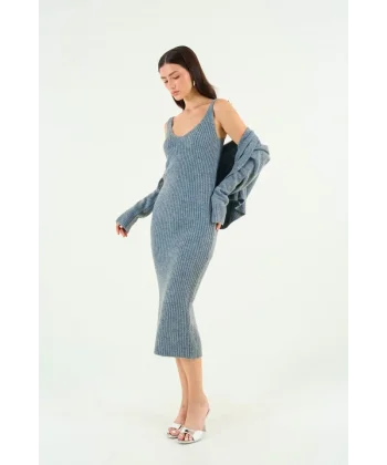 Güllü Elbiseli Hırka Takım  Gri