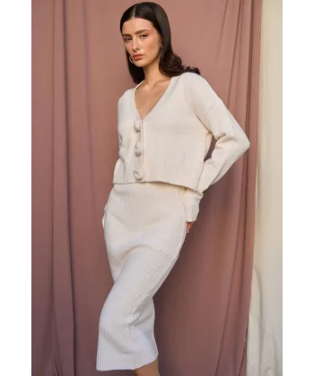 Güllü Elbiseli Hırka Takım  Krem