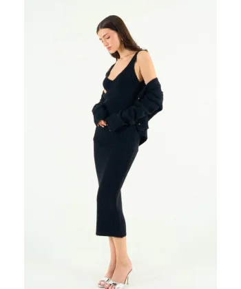 Güllü Elbiseli Hırka Takım  Siyah