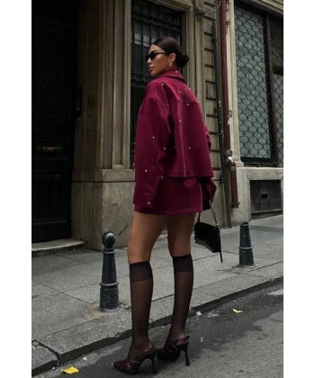 Gümüş Aksesuarlı Ceket Etek İçi Astarlı Süet Takım 10000