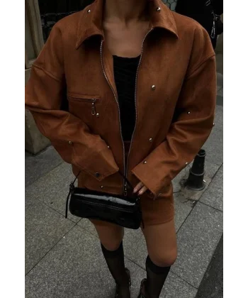 Gümüş Aksesuarlı Ceket Etek İçi Astarlı Süet Takım 10000