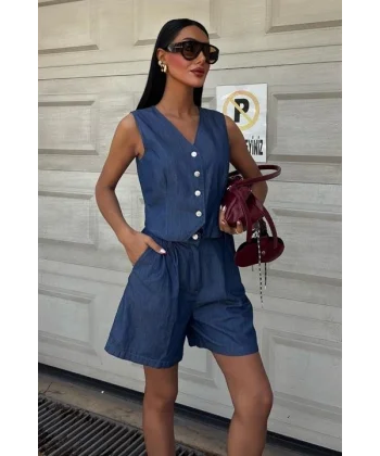 Gümüş Düğmeli Yelek Ve Şort Tensel Takım 10174