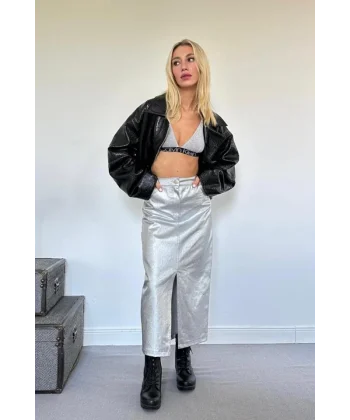 Gümüş Varaklı Gabardin Yırtmaçlı Etek