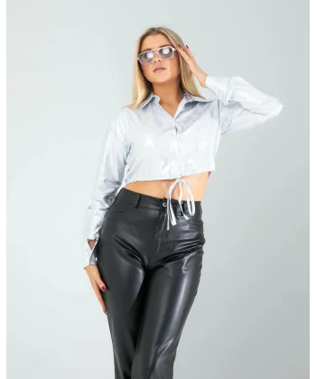 Gümüş Yılan Varaklı Beli Bağcıklı Gömlek